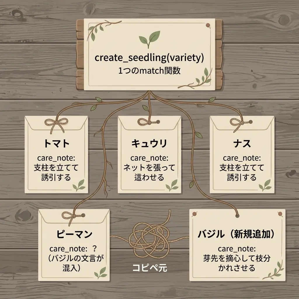 一枚岩のcreate_seedling関数から5品種がぶら下がり、同じcare_note文字列に世話の情報を詰め込んでいる図。ピーマンとバジルの間だけ紐がもつれてコピペ事故を示す