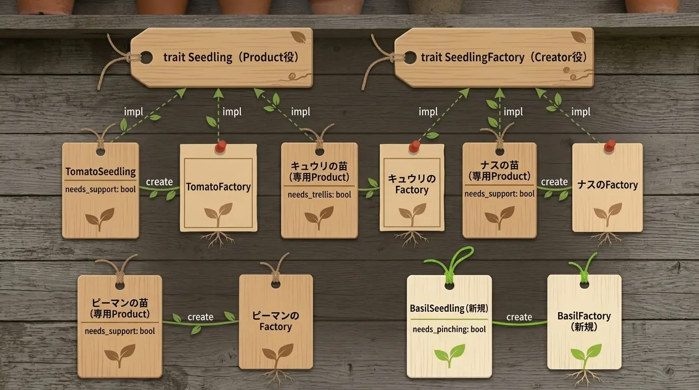 Seedling(Product役)とSeedlingFactory(Creator役)を頂点に、トマト・キュウリ・ナス・ピーマン・バジルそれぞれが独立したProduct型とFactory型のペアを持つ図。バジルのペアだけ新しい木目で新規追加を示す