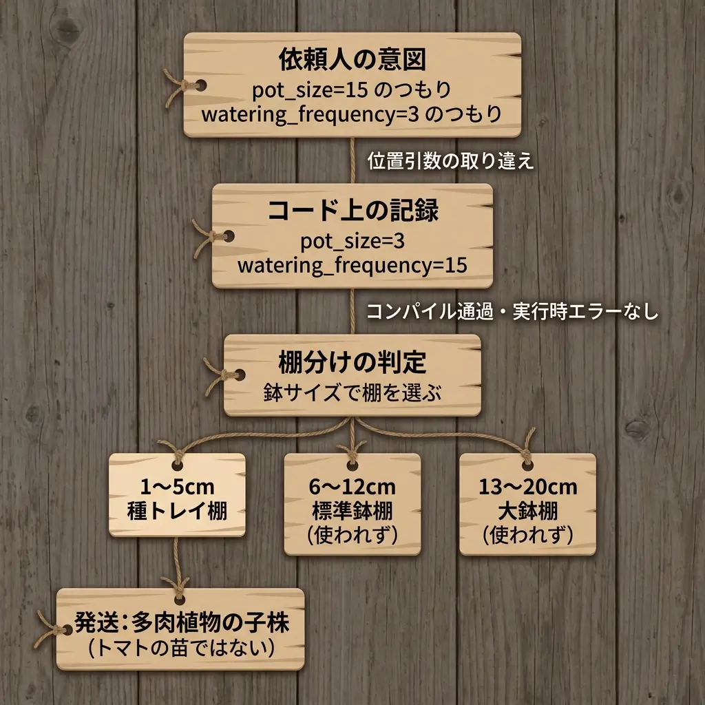 依頼人が意図したpot_size=15とwatering_frequency=3が、位置引数の取り違えでコード上はpot_size=3・watering_frequency=15と記録され、コンパイルは通り実行時エラーも出ないまま鉢サイズで棚が選ばれ、1〜5cmの種トレイ棚から多肉植物の子株が発送されてしまう因果連鎖を木札で示したインフォグラフィック