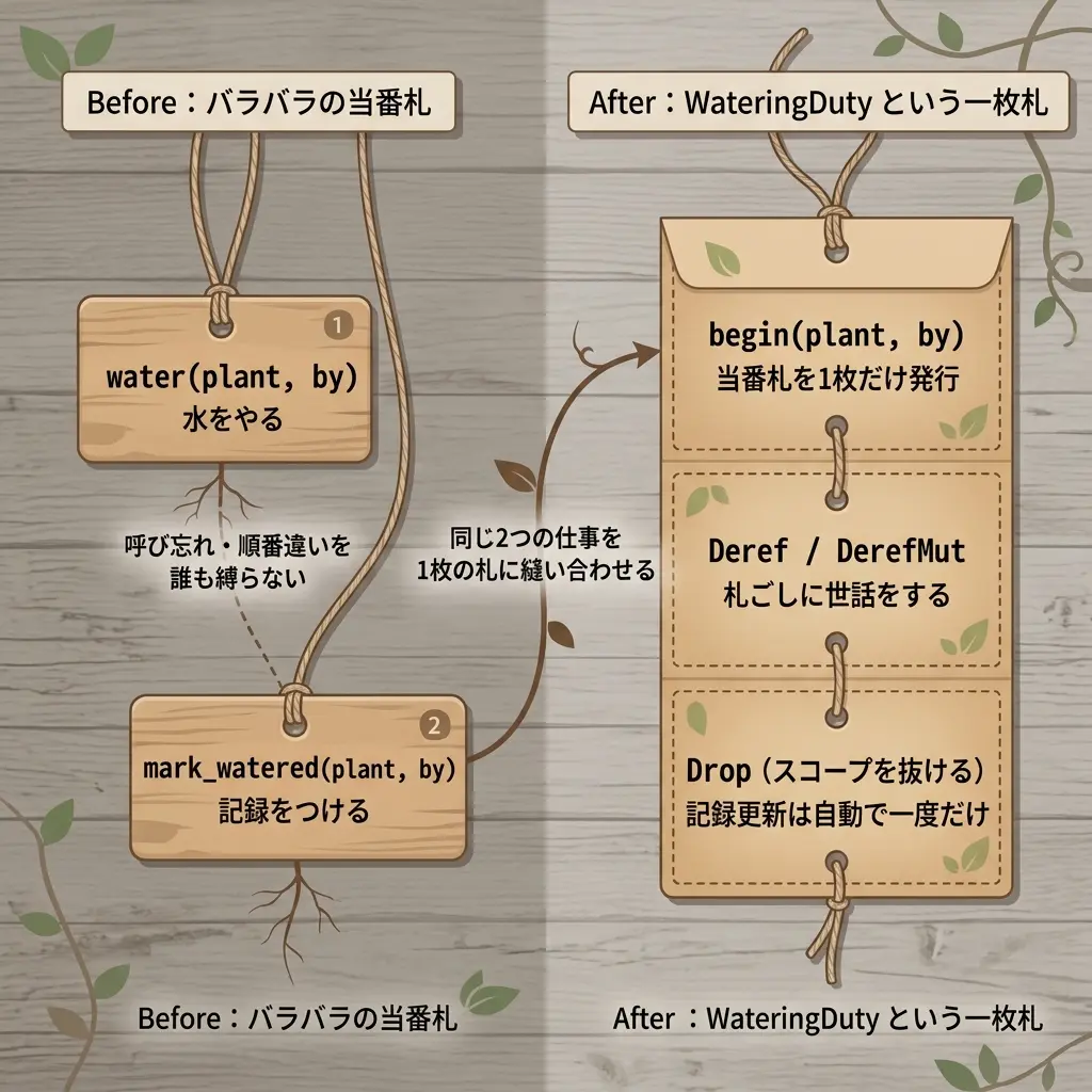 Before/After構造対比のインフォグラフィック。Beforeはバラバラの当番札としてwater(plant, by)「水をやる」とmark_watered(plant, by)「記録をつける」の2枚の木製プラントタグがそれぞれ別の紐で吊るされ、破線で「呼び忘れ・順番違いを誰も縛らない」と結ばれている。AfterはWateringDutyという一枚札として、begin(plant, by)「当番札を1枚だけ発行」・Deref / DerefMut「札ごしに世話をする」・Drop(スコープを抜ける)「記録更新は自動で一度だけ」の3区画が1本の連続した麻紐で縫い綴じられている。両者は「同じ2つの仕事を1枚の札に縫い合わせる」という矢印で接続されている