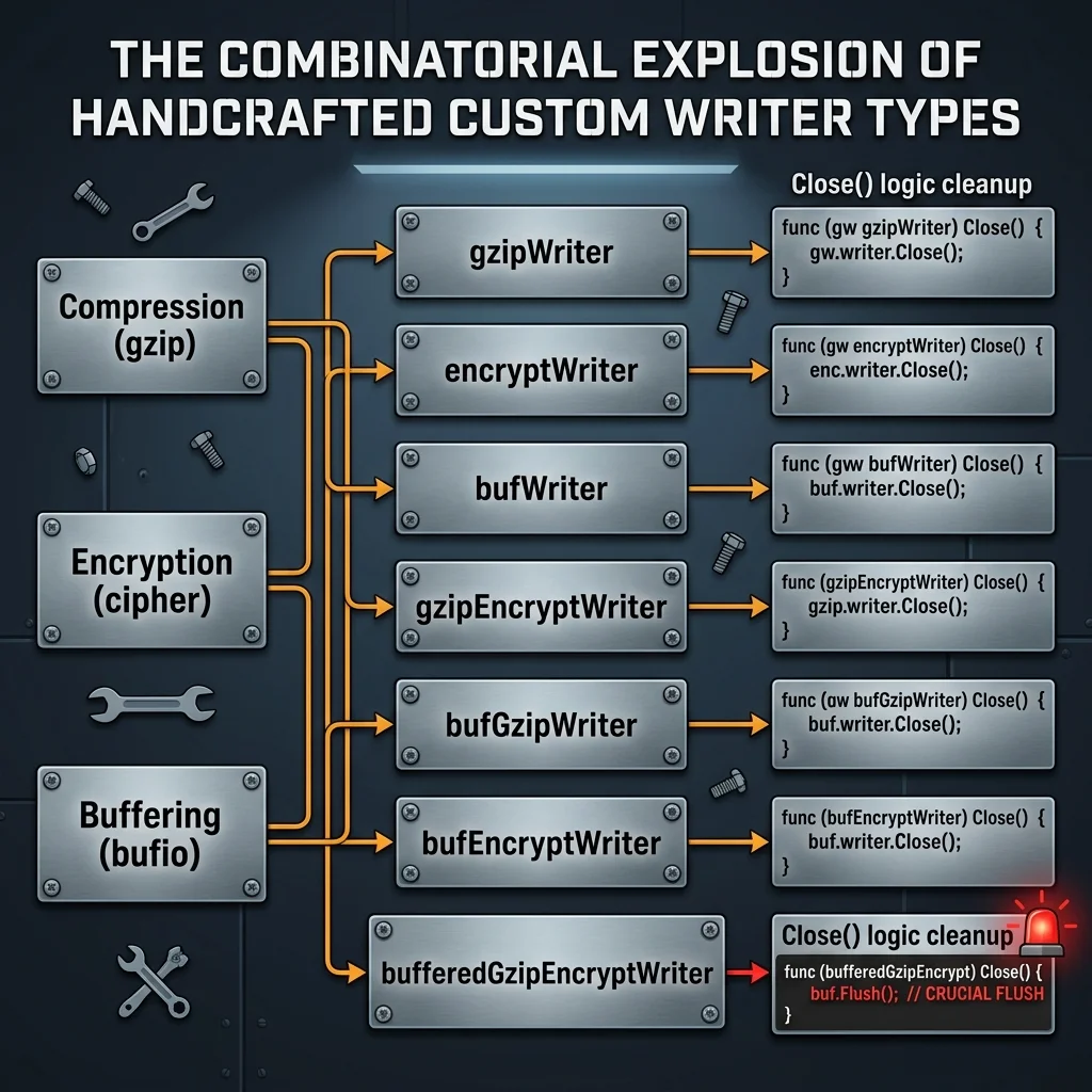 Combinatorial explosion diagram showing independent feature boxes connecting to handcrafted custom writers, highlighting the missing buf.Flush in Close() cleanup