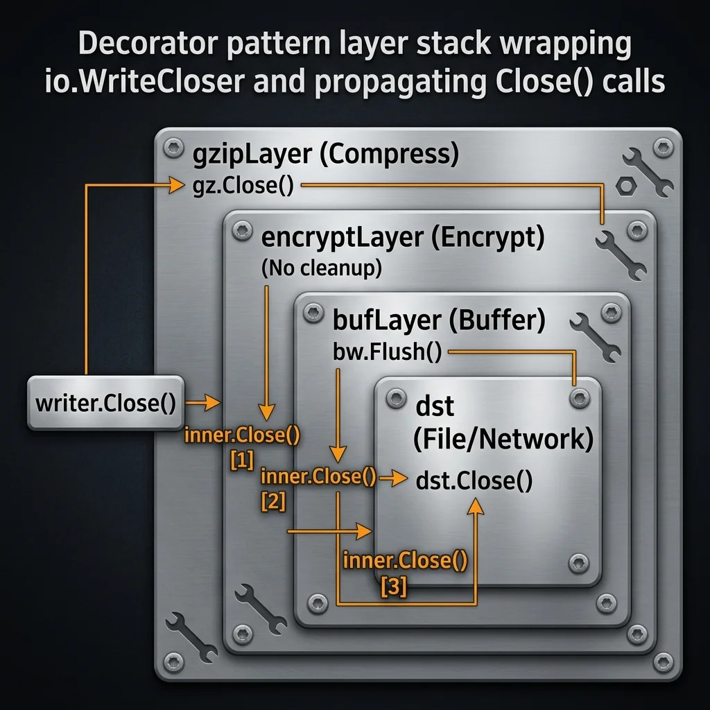 Decorator stack diagram showing writer.Close() propagating Close() calls sequentially from outer to inner layers
