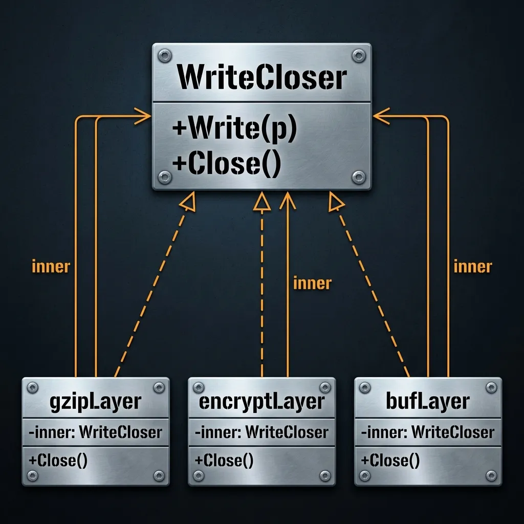Decorator pattern class diagram showing wrapping layers implementation of WriteCloser interface and delegating execution to the inner layer