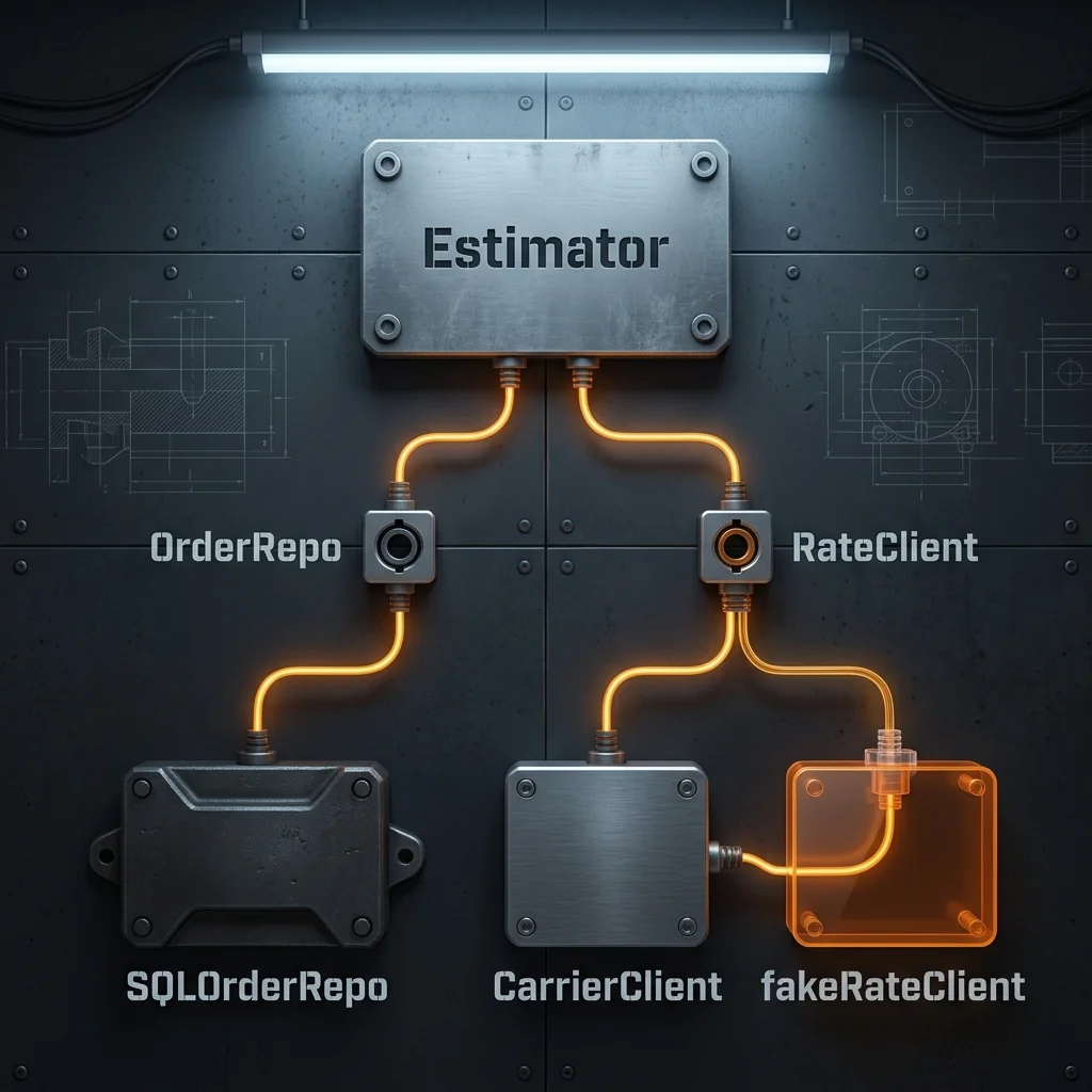 Dependency Injection (DI) pattern structure: An Estimator controller connects to interchangeable sub-modules (SQLOrderRepo database and CarrierClient/fakeRateClient rates client) via standardized interface ports OrderRepo and RateClient
