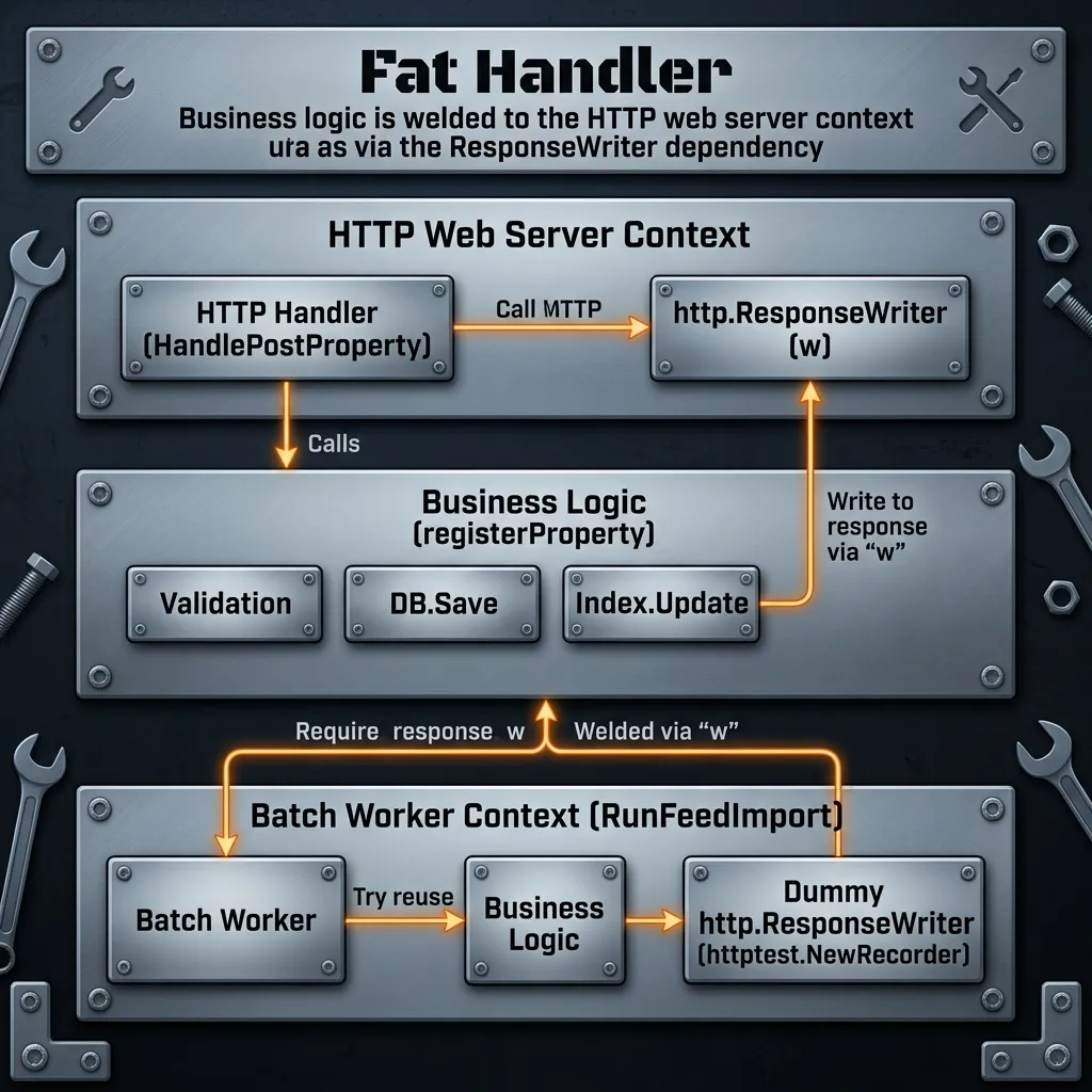 Architecture diagram showing Fat Handler coupling problem with http.ResponseWriter