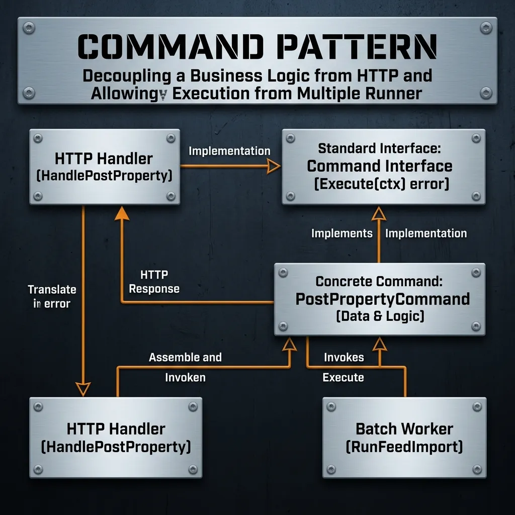 Architecture diagram showing Command Pattern decoupling HTTP Handler and Batch Worker via Command Interface