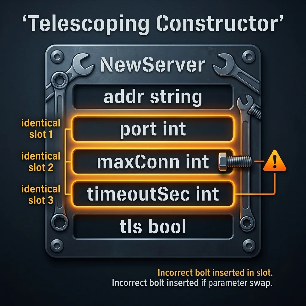 「Telescoping Constructor」における引数の順序取り違え脆弱性を示す図。メインの鋼鉄製プレート「NewServer」の内部で、同じ「int」型を持つ3つのパラメータ（port, maxConn, timeoutSec）が連続して並んでいます。これらが同じサイズのネジ穴のように見えるため、順序を誤って接続しても型チェックをすり抜けてしまい、本番で論理エラーを引き起こす問題が警告インジケータと共に描かれています。