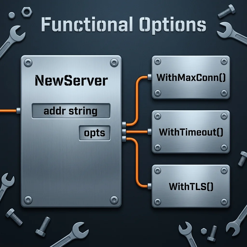 「Functional Options」パターンによる解決策を示す図。メインプレート「NewServer」には必須の「addr string」と汎用レシーバ「opts」のみが定義されています。その右側に独立したオプションプレート「WithMaxConn」「WithTimeout」「WithTLS」が配置され、それぞれがオレンジ色のワイヤーで「opts」に接続されています。引数の位置（順番）への依存を無くし、名前付きアタッチメントで安全に組み付けられる構造を表現しています。
