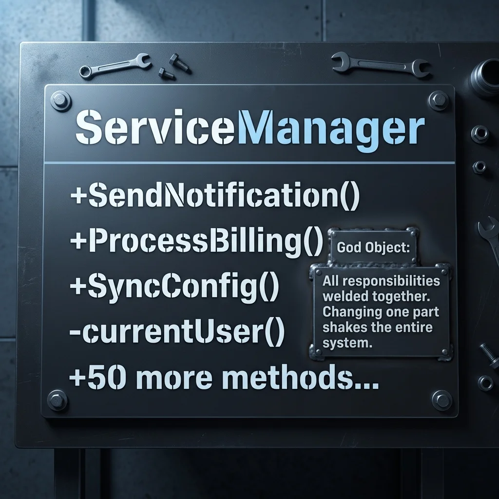 Monolithic God Object: ServiceManager welds notification, billing, and config sync into a single massive class