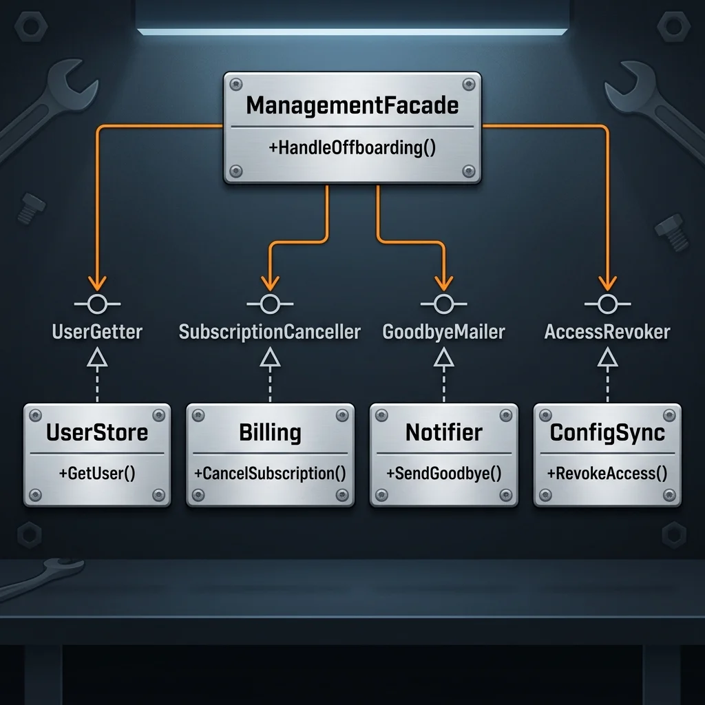 Refactored Architecture with Facade Pattern: ManagementFacade delegates tasks via thin interfaces (UserGetter, SubscriptionCanceller, GoodbyeMailer, AccessRevoker) to specialized service components