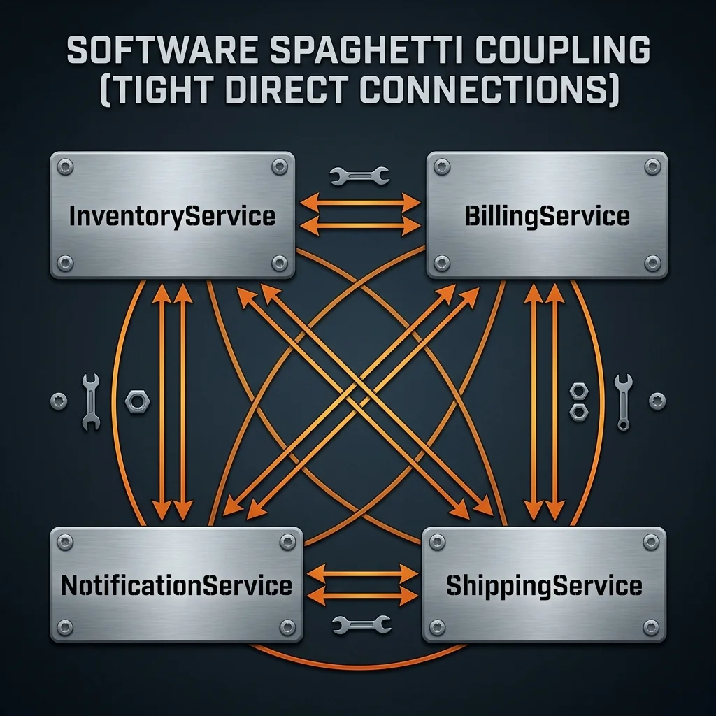 Directly coupled messy wiring diagram showing InventoryService, BillingService, NotificationService, and ShippingService steel plates connected directly to each other with tangled orange wires