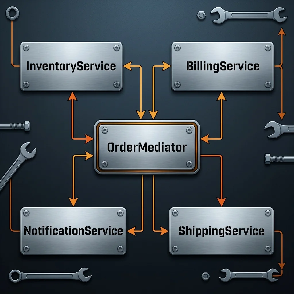 Decoupled star topology schematic diagram showing OrderMediator steel plate in the center with bidirectional orange wires to InventoryService and BillingService, and unidirectional orange wires to NotificationService and ShippingService
