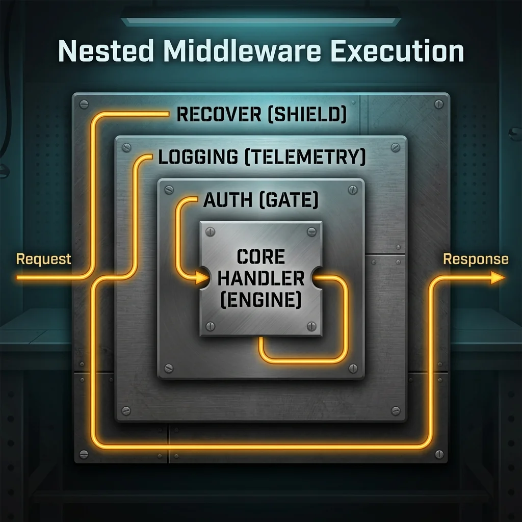 Nested Middleware execution diagram representing request and response paths flowing through RECOVER, LOGGING, and AUTH nested steel plates