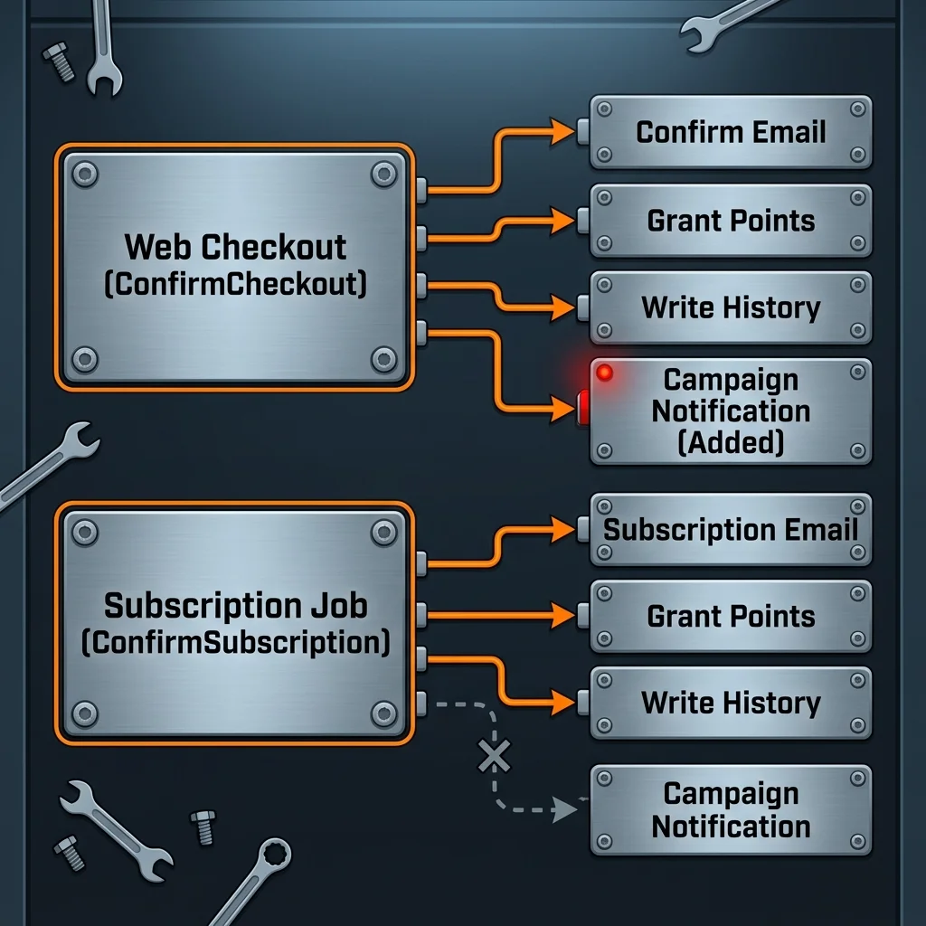Shotgun Surgery diagram: both ConfirmCheckout and ConfirmSubscription functions duplicately trigger individual downstream handlers (Confirm Email, Grant Points, Write History), resulting in a missed Campaign Notification call in ConfirmSubscription