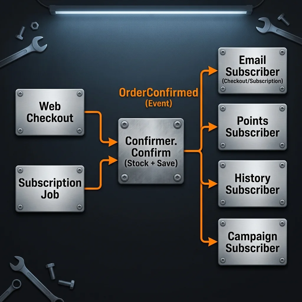 Observer Pattern architecture: Checkout/Subscription clients invoke Confirmer.Confirm, which broadcasts an OrderConfirmed event to decoupled subscribers (Email, Points, History, Campaign) registered in a subscription registry