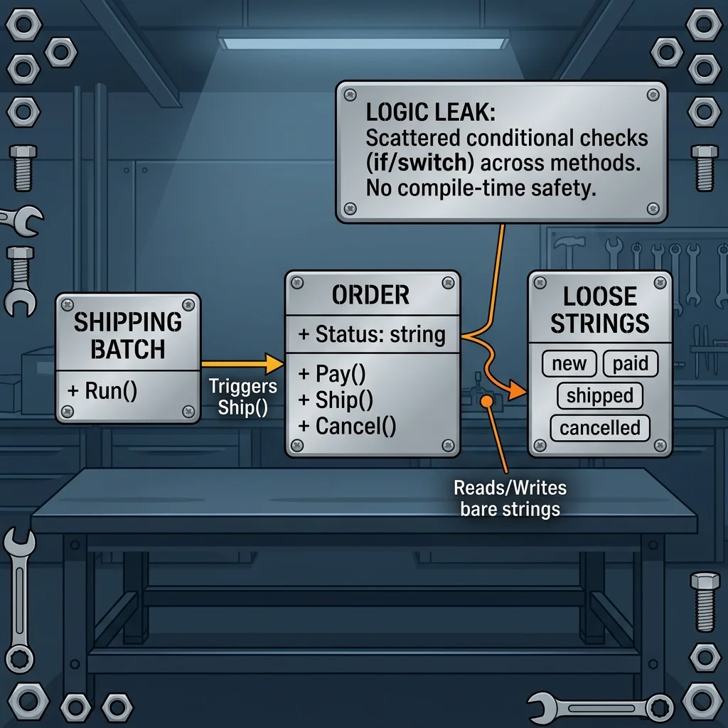 「Type Code」による状態管理を示す図。左側の「SHIPPING BATCH」から「ORDER」筐体に「Triggers Ship()」と配線が伸びており、「ORDER」筐体の中では「Status: string」が右側の「LOOSE STRINGS」コンテナ（“new”, “paid”, “shipped”, “cancelled"などのバラバラの文字列タグが入っている）と「Reads/Writes bare strings」として繋がっています。各メソッド（Pay/Ship/Cancel）に条件分岐が散らばり、状態遷移の統一ルールが存在しない問題が警告インジケータと共に描かれています。