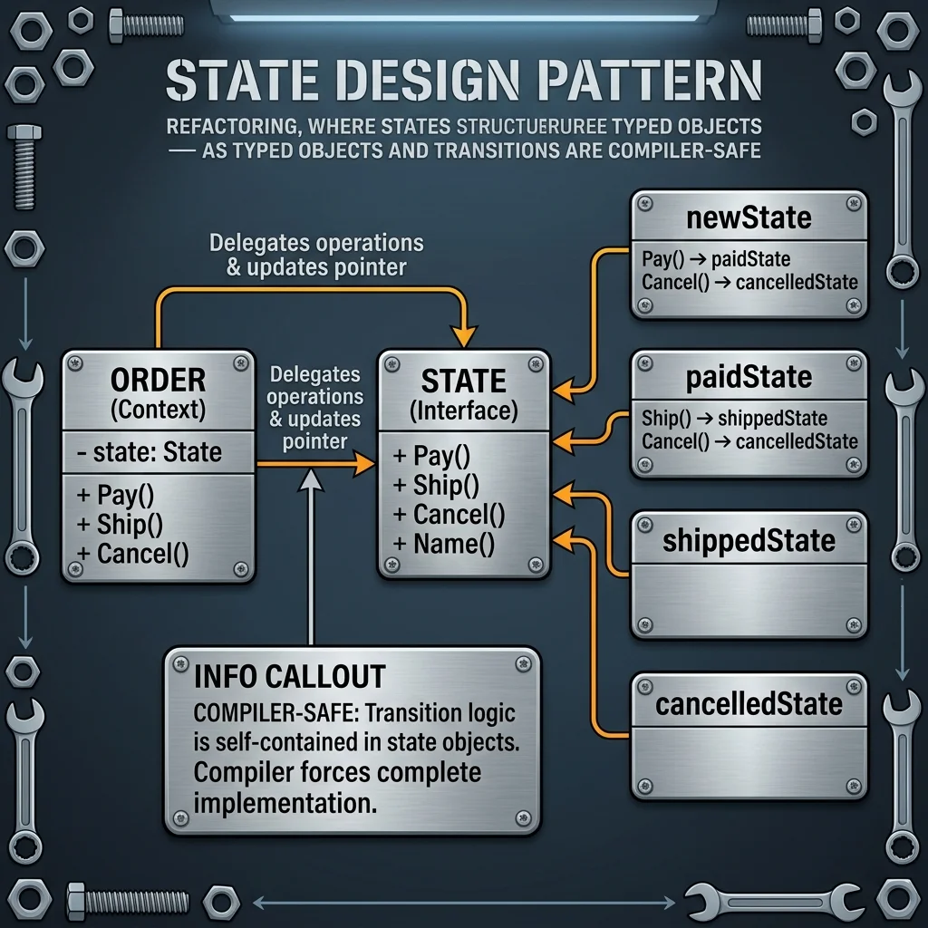 「State」パターンによる解決策を示す図。中央の「STATE (Interface)」ソケット（Pay, Ship, Cancel, Nameメソッドが定義されている）に対して、左側の「ORDER (Context)」筐体が「Delegates operations & updates pointer」と配線されています。右側には「newState」「paidState」「shippedState」「cancelledState」の4つの状態バルブプレートが並び、それぞれがソケットに実装（接続）される様子と、個々のバルブが自身で遷移先を知っている構造が、コンパイルの安全性に関する解説と共に描かれています。