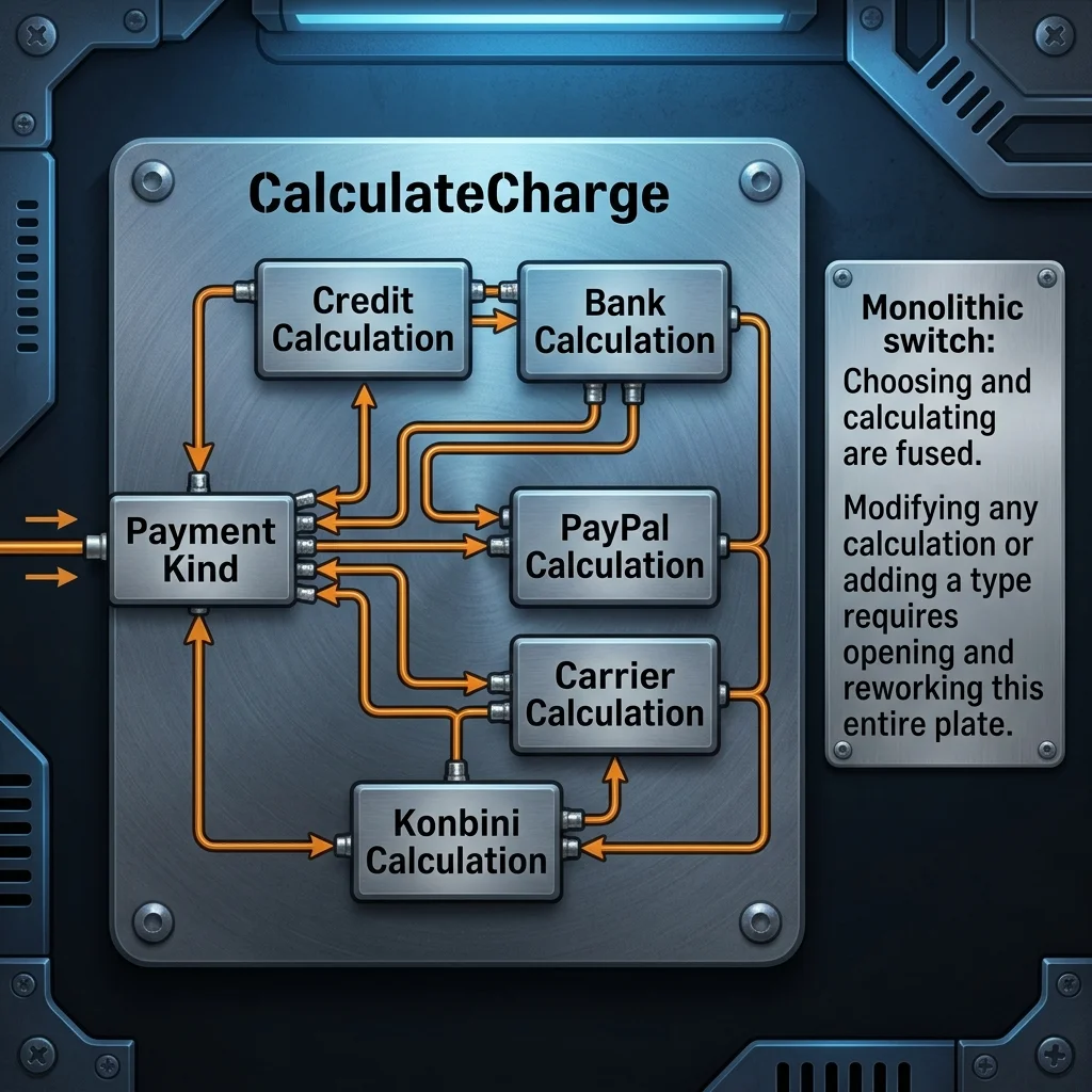 Monolithic Switch: Calculating charge for each payment type is tightly coupled inside the CalculateCharge function, requiring it to be modified for every new type.