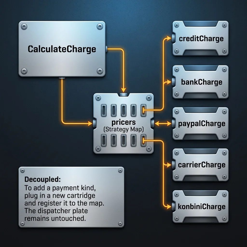 Decoupled Strategy: The CalculateCharge function dynamically maps payment types to interchangeable pricing strategy cartridges, keeping the core dispatcher code completely untouched.