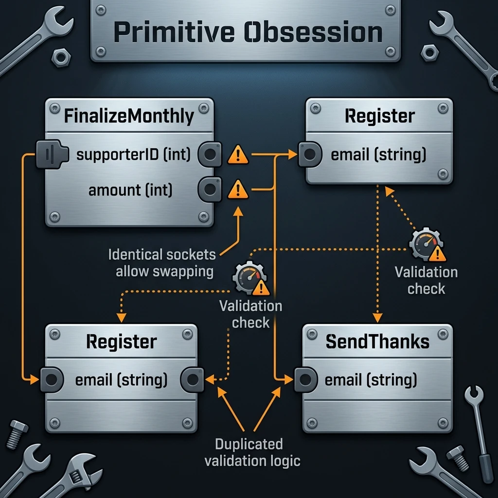 Primitive Obsession in software architecture: Multiple modules (“FinalizeMonthly”, “Register”, “SendThanks”) share generic “int” and “string” type sockets, leading to potential parameter swapping and duplicate validation checks across different functions