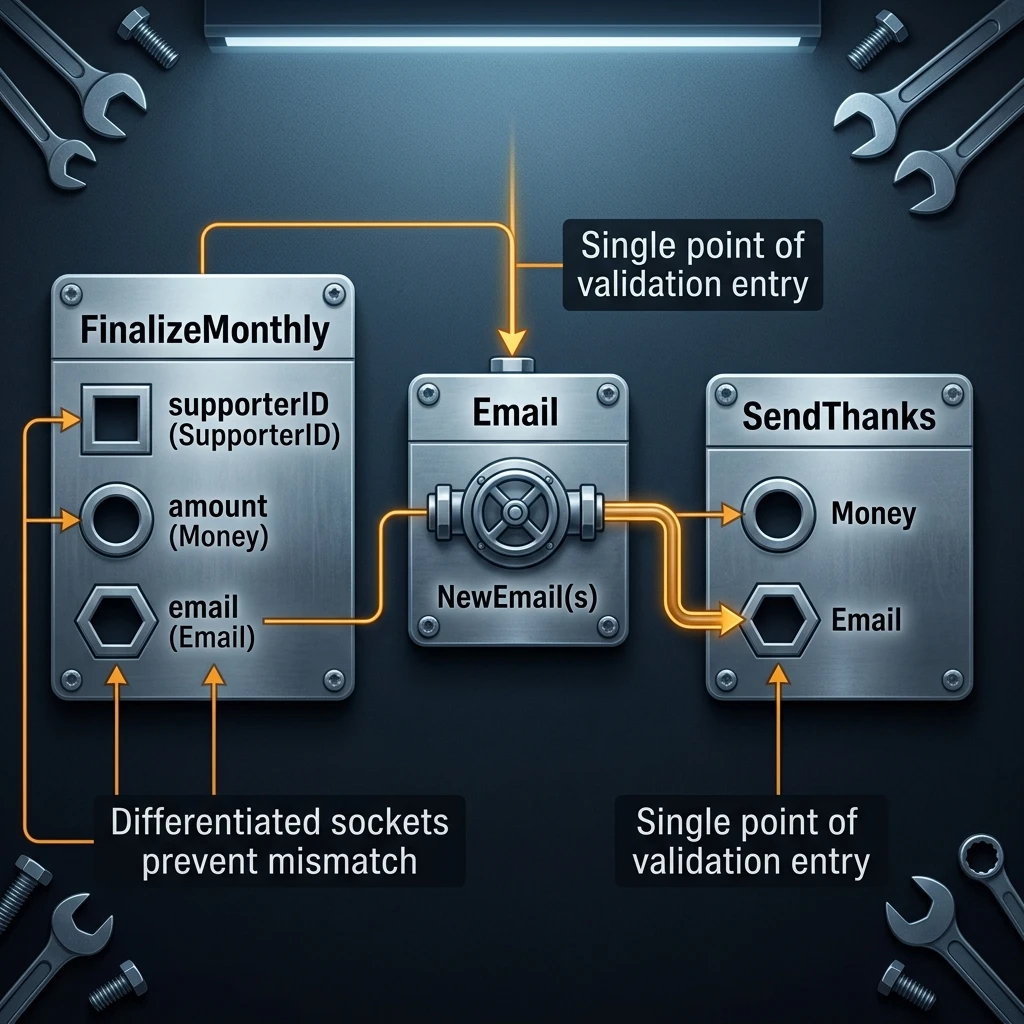 Value Object pattern resolving Primitive Obsession: custom shapes for SupporterID (square), Money (circle), and Email (hexagon) prevent argument swapping, and the “NewEmail” factory function acts as a single centralized validation valve