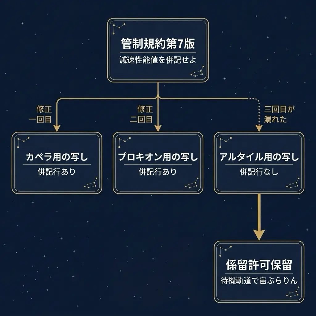 管制規約第7版の改定がカペラ用・プロキオン用・アルタイル用の3枚の写しへそれぞれ修正として送られるが、3回目の修正だけがアルタイル用に届かず、併記行なしのまま係留許可保留に至る流れを描いた星図風の図