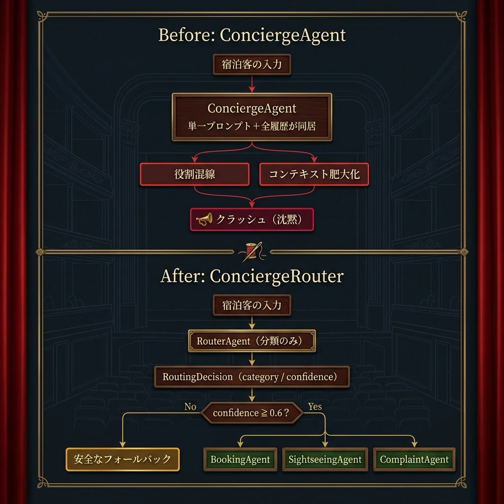 Router パターンのBefore/After構造比較図。Beforeは単一のConciergeAgentが全役割の指示と会話履歴を同居させ役割混線とコンテキスト肥大化を経てクラッシュに至る様子を、AfterはRouterAgentが分類のみを行いRoutingDecisionのconfidenceが0.6以上なら辞書引きでBookingAgent・SightseeingAgent・ComplaintAgentへ委譲し、0.6未満なら安全なフォールバックを返す構造を示す