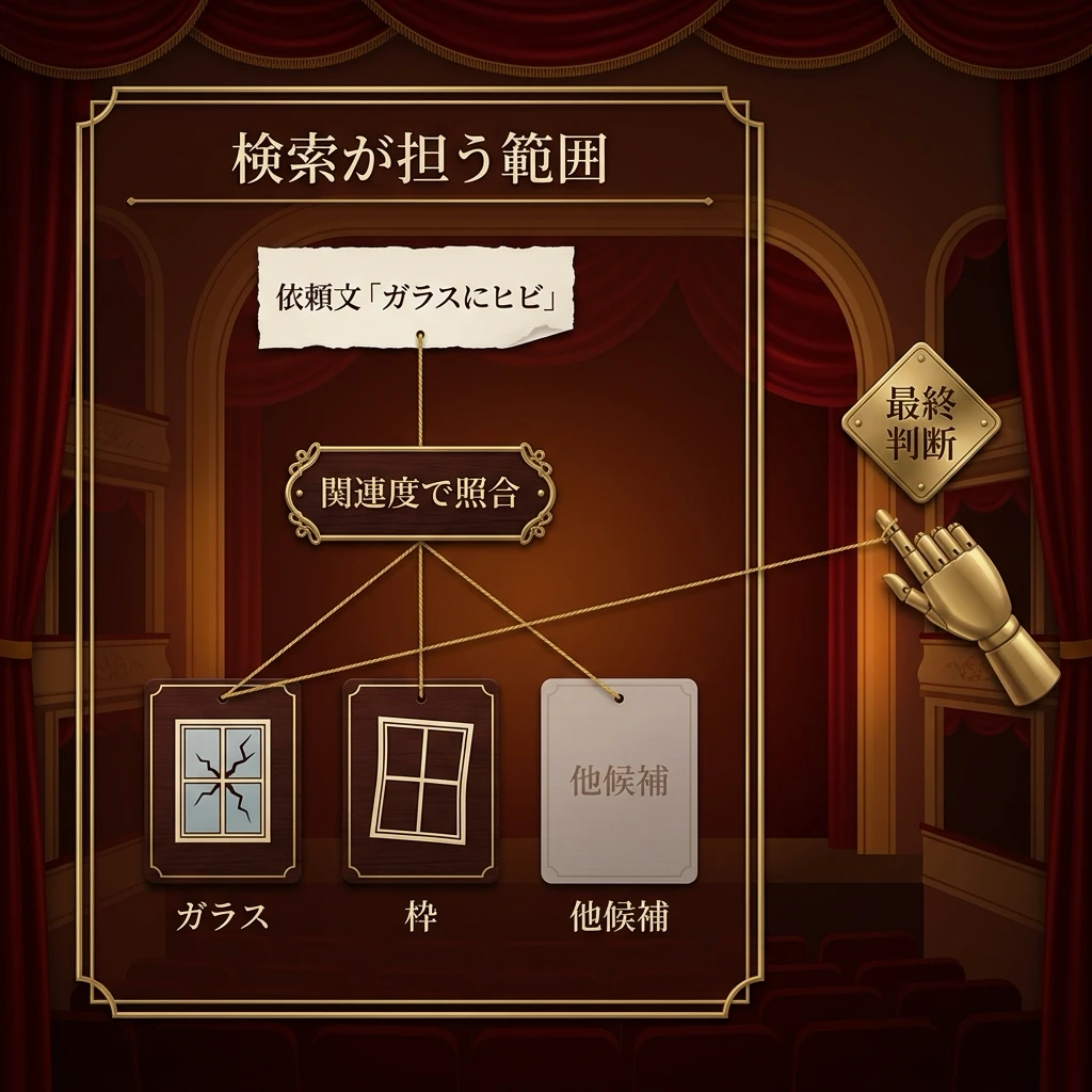 search_toolsが担う検索範囲とハンフリー自身の最終判断の境界を示す図。窓ガラス交換と窓枠交換という紛らわしい2つの候補が検索では両方とも残るが、依頼文の「ガラス」という語を読み取った最終判断で正しく窓ガラス交換だけが選ばれる様子を表す