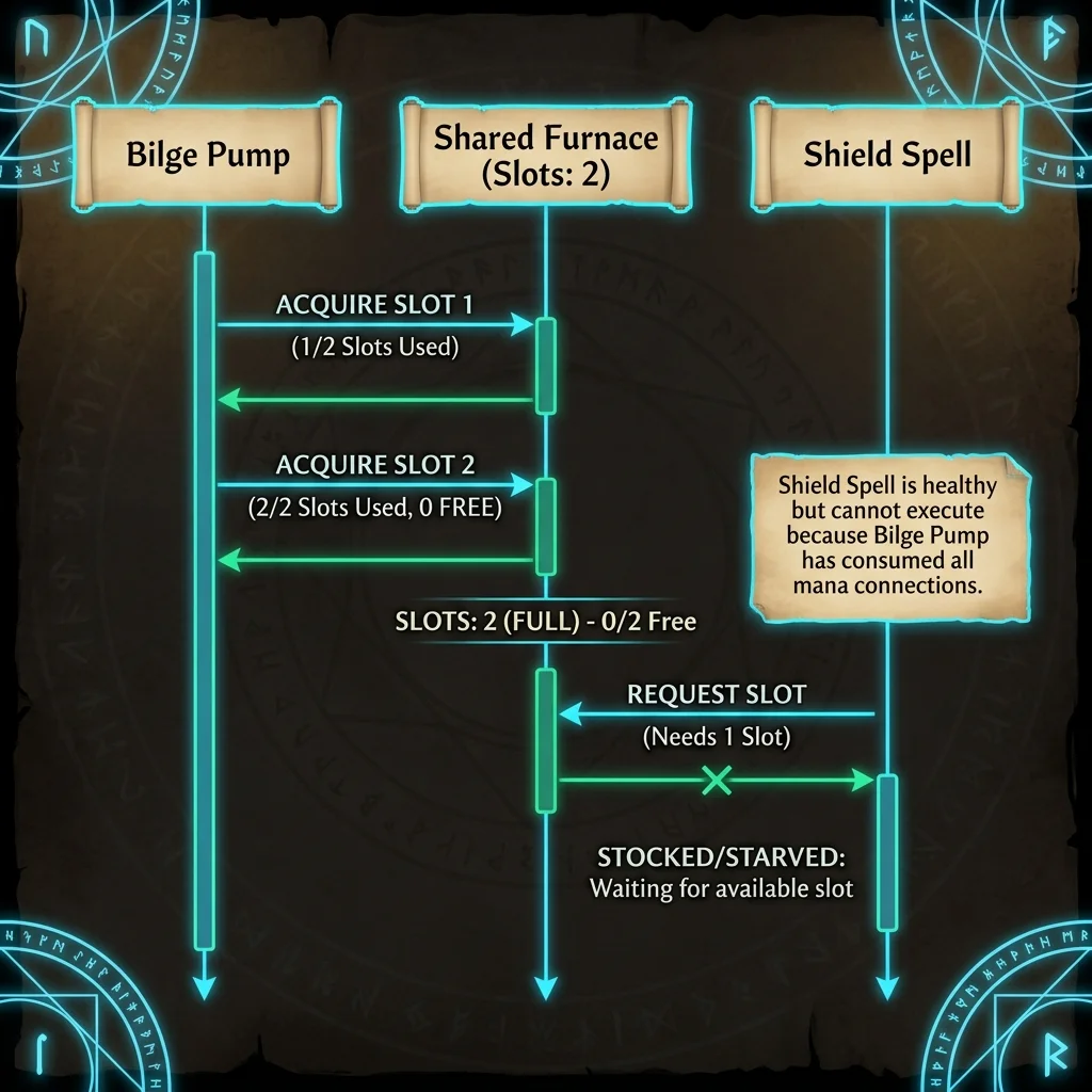 Infographic sequence diagram showing a gluttonous Bilge Pump acquiring all Shared Furnace slots and starving the healthy Shield Spell