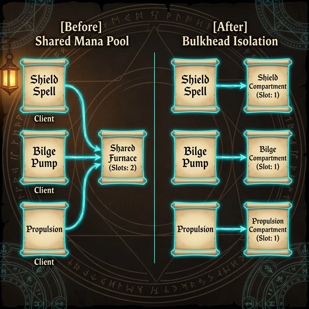 Infographic architecture diagram comparing shared mana pool and bulkhead isolation compartment structures