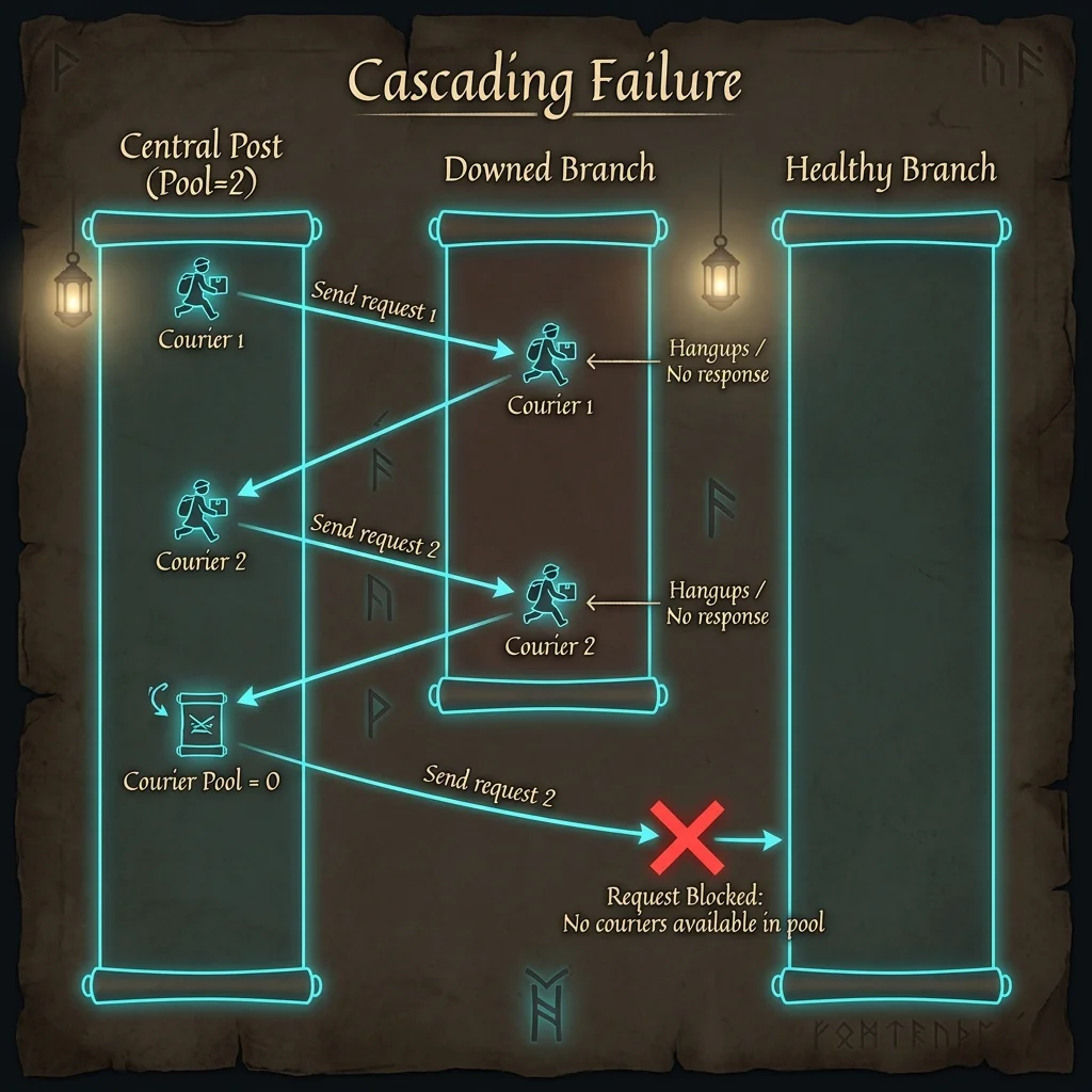 Infographic sequence diagram showing cascading failure in a courier system with shared resources