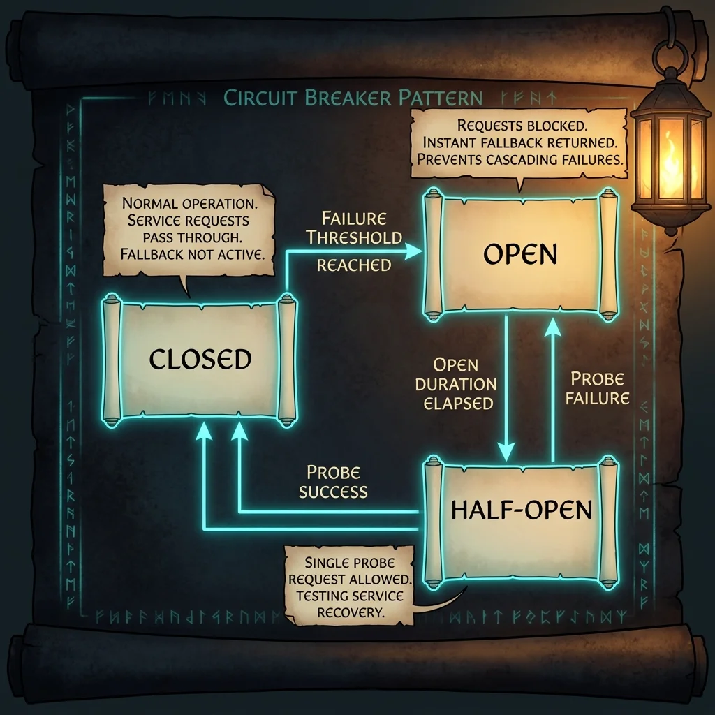 Infographic state machine diagram showing Circuit Breaker states Closed, Open, and Half-Open with transition rules