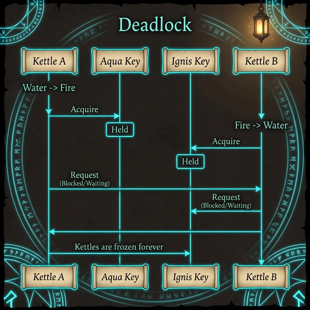 Infographic sequence diagram showing double-submission deadlock condition where two kettles wait for each other’s keys eternally