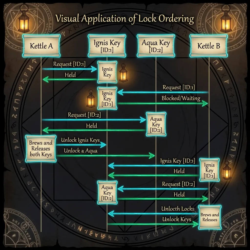 Infographic sequence diagram showing Lock Ordering preventing deadlock by securing keys in ID order