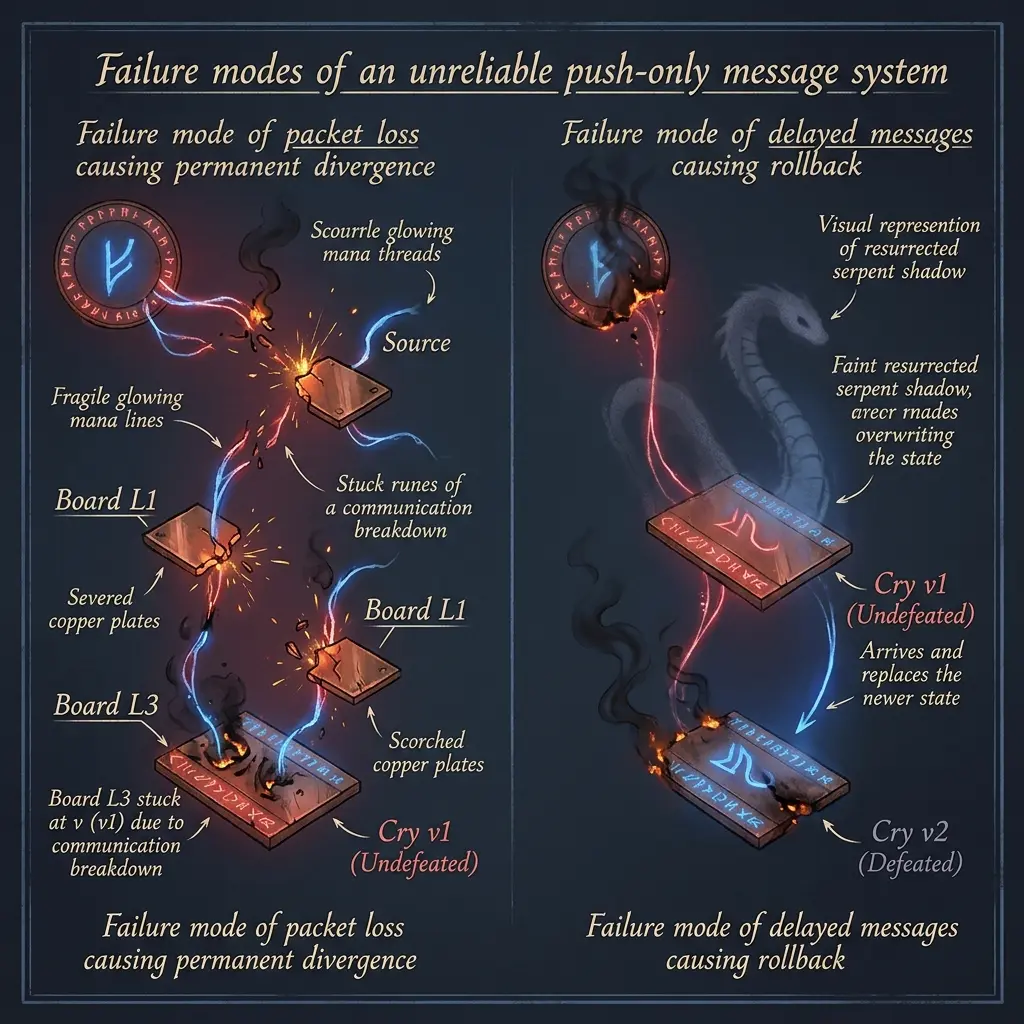 Infographic sequence diagram showing double-submission race condition due to packet loss causing permanent divergence and delayed messages causing rollback