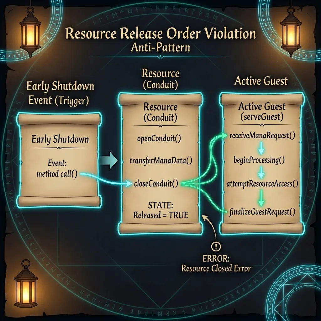 Infographic sequence diagram showing a shutdown trigger prematurely closing a resource conduit while a guest request is still active, causing a resource access error