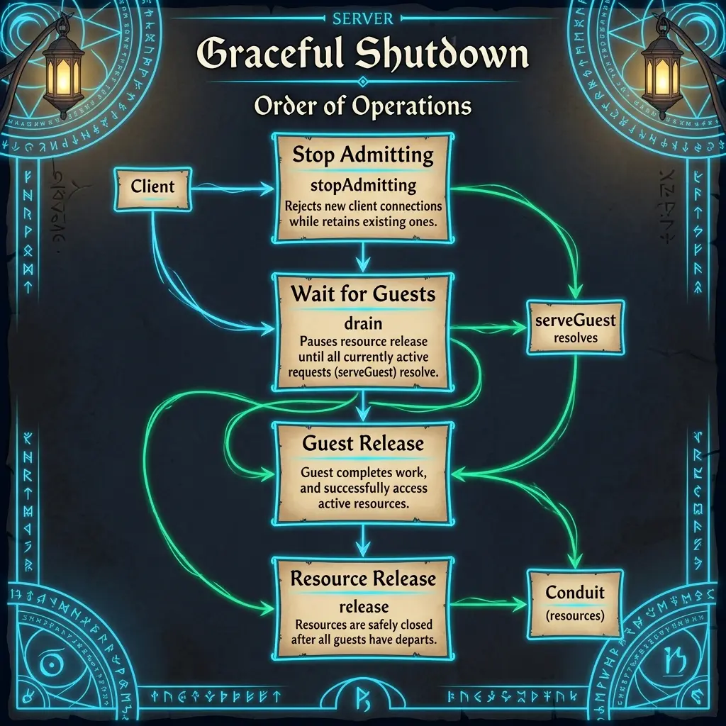Infographic sequence diagram demonstrating a graceful shutdown sequence where the server stops new requests, waits for active requests to finish, and safely releases the resource conduit afterward