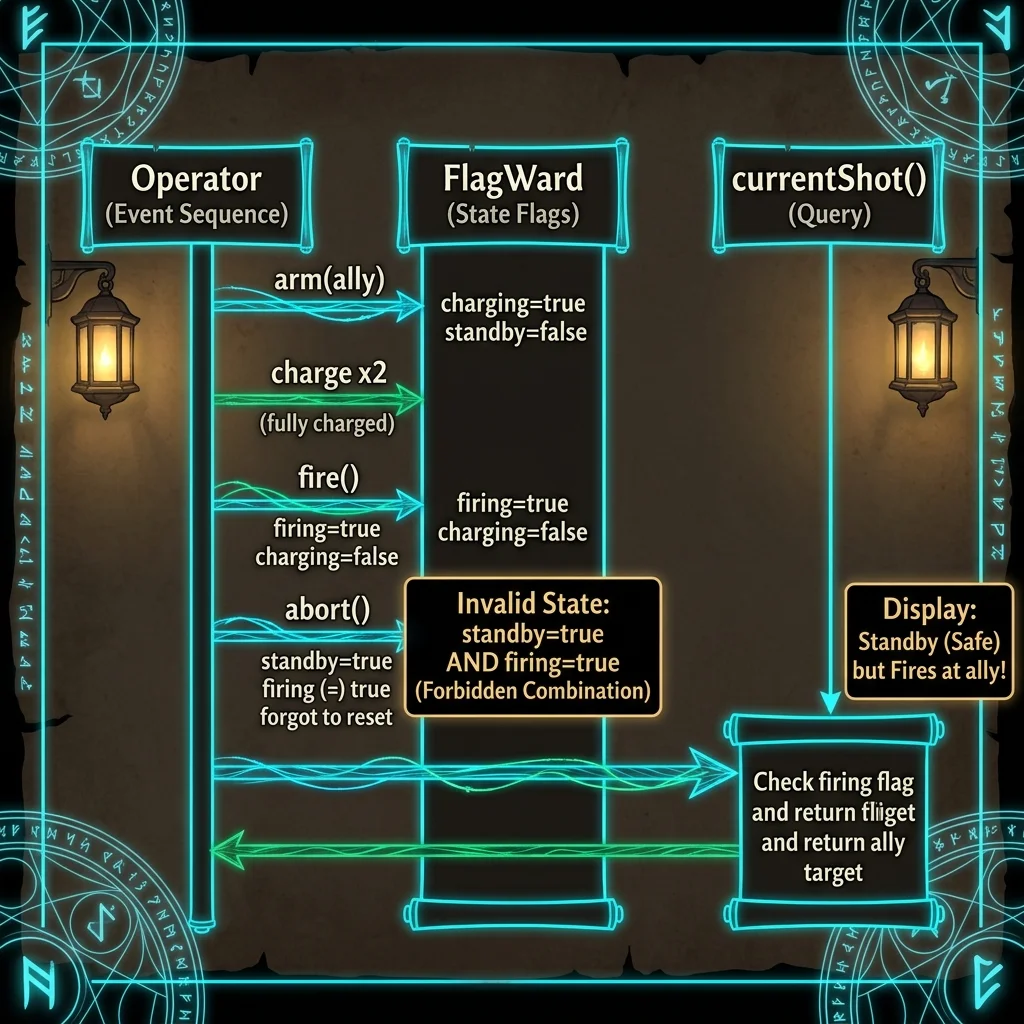 Infographic sequence diagram showing a race condition bug where inconsistent state flags (standby=true and firing=true simultaneously) cause an accidental target lock in a magical defense system