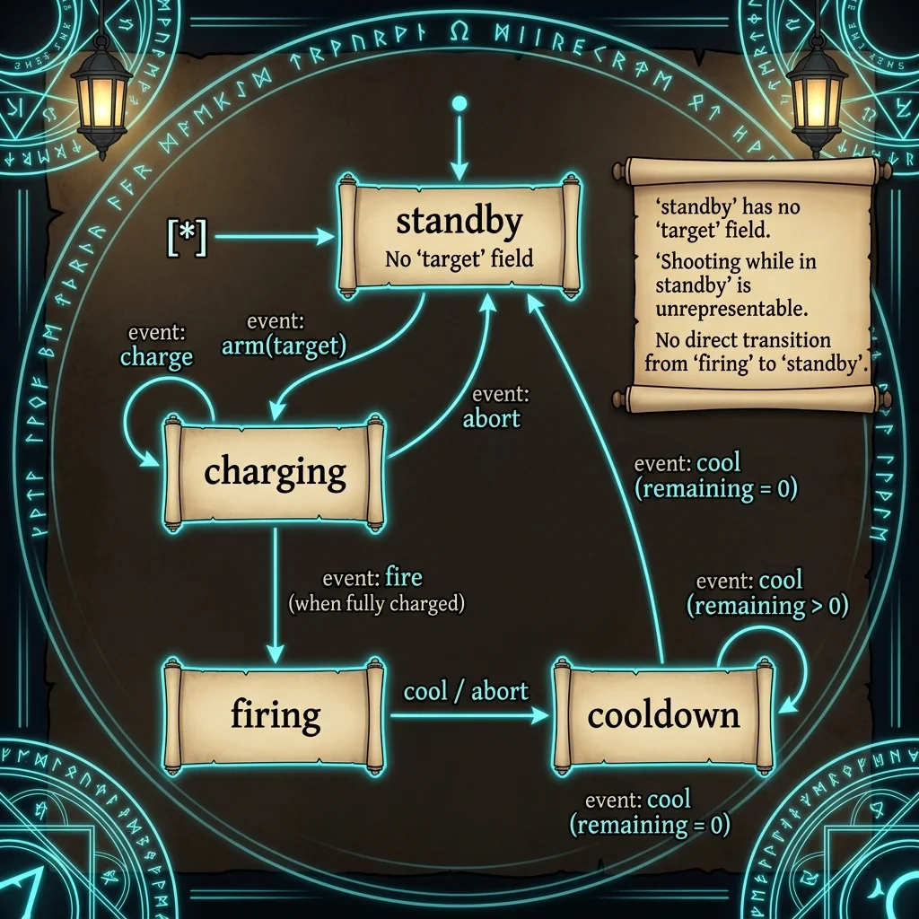 Infographic state transition diagram showing a safe State Machine architecture preventing invalid states in a magical defense system using TypeScript’s type system
