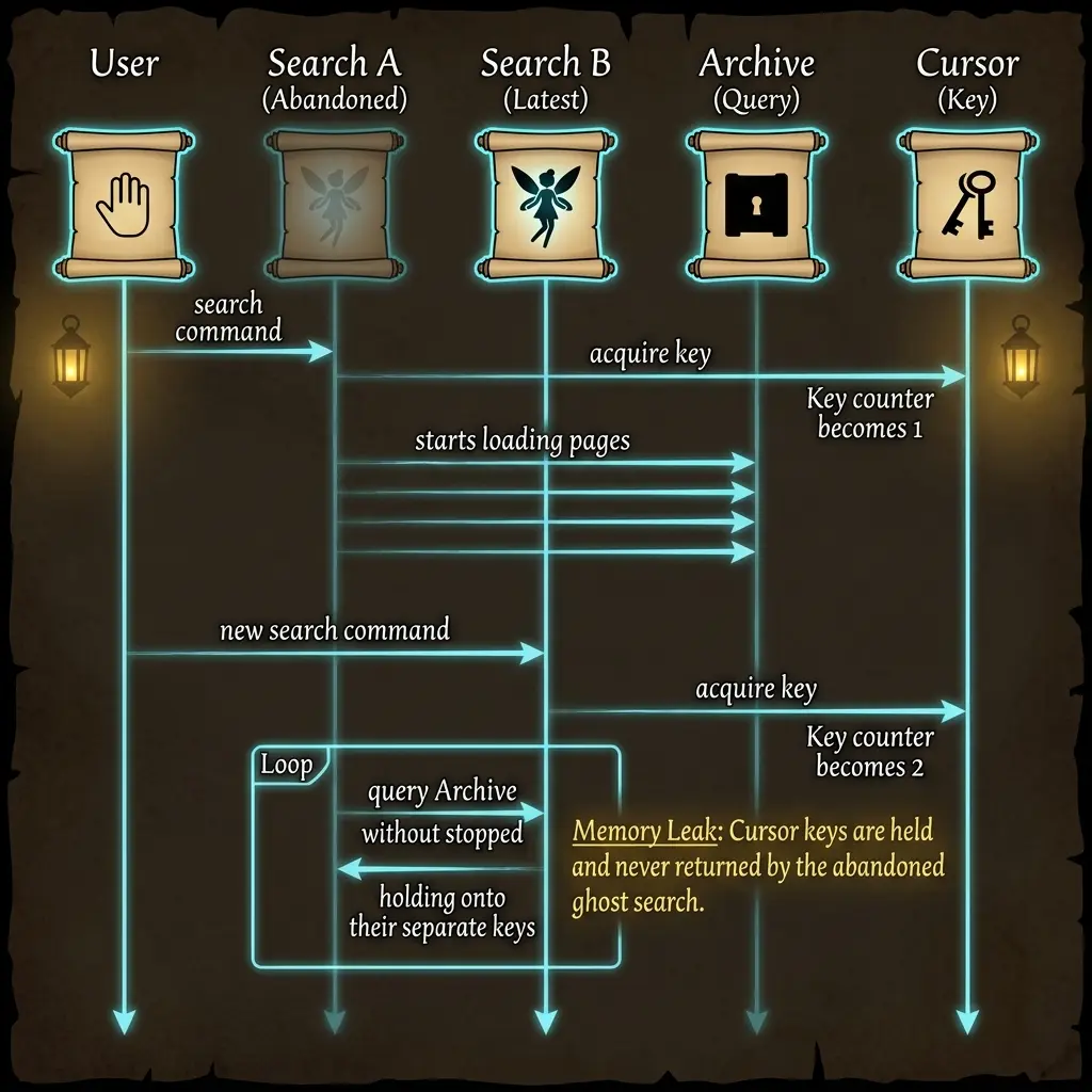 Sequence diagram showing a memory leak in a search system where abandoned query fairies fail to release the archive cursor (key)