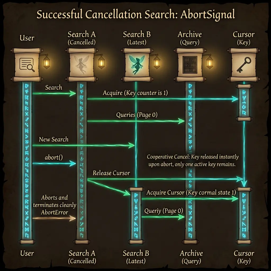 Sequence diagram showing successful cancellation using an AbortSignal, where the abandoned search fairy immediately releases the key and terminates