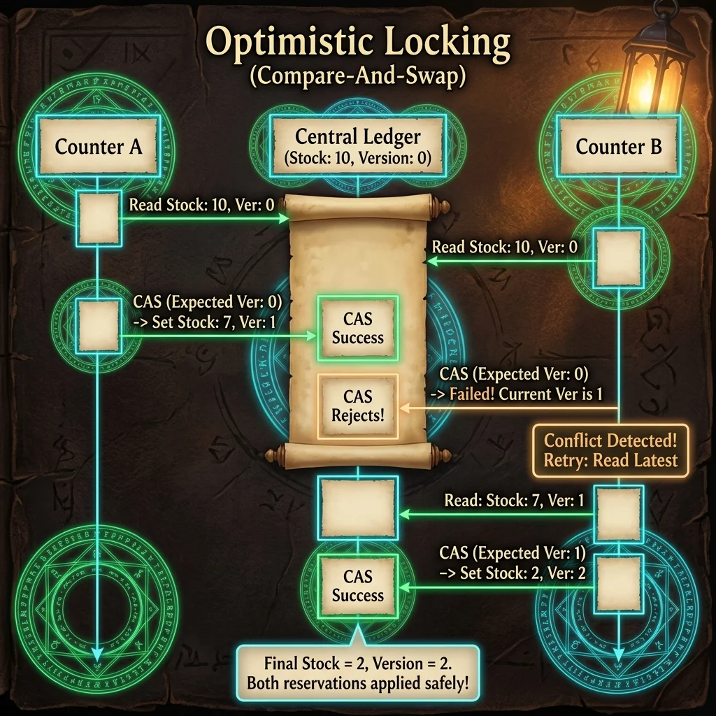 Infographic sequence diagram showing version-based Compare-And-Swap mechanism in Optimistic Locking