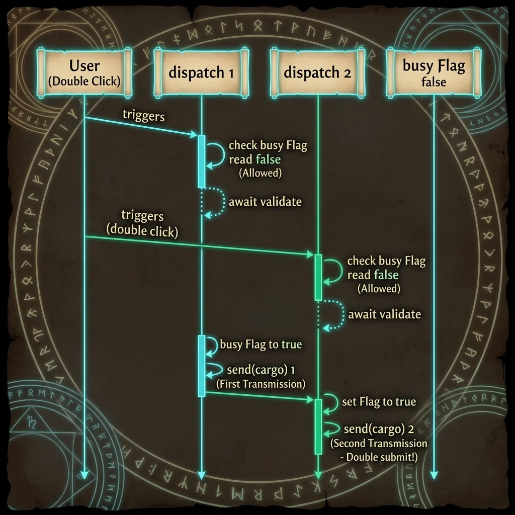 Infographic sequence diagram showing double-submission race condition due to await suspension point