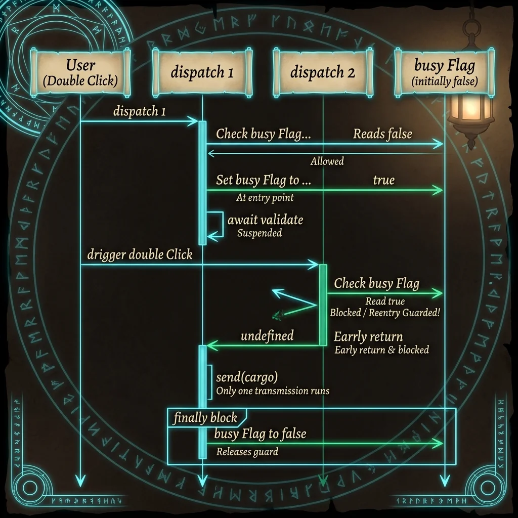 Infographic sequence diagram showing Reentrancy Guard blocking a duplicate submission before validation