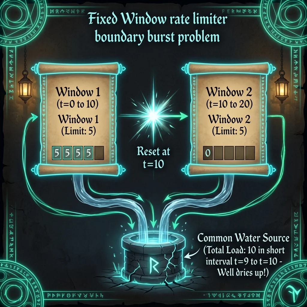 Infographic sequence diagram showing Fixed Window rate limiter boundary burst problem where 2x the limit of water is drawn across the boundary of two windows