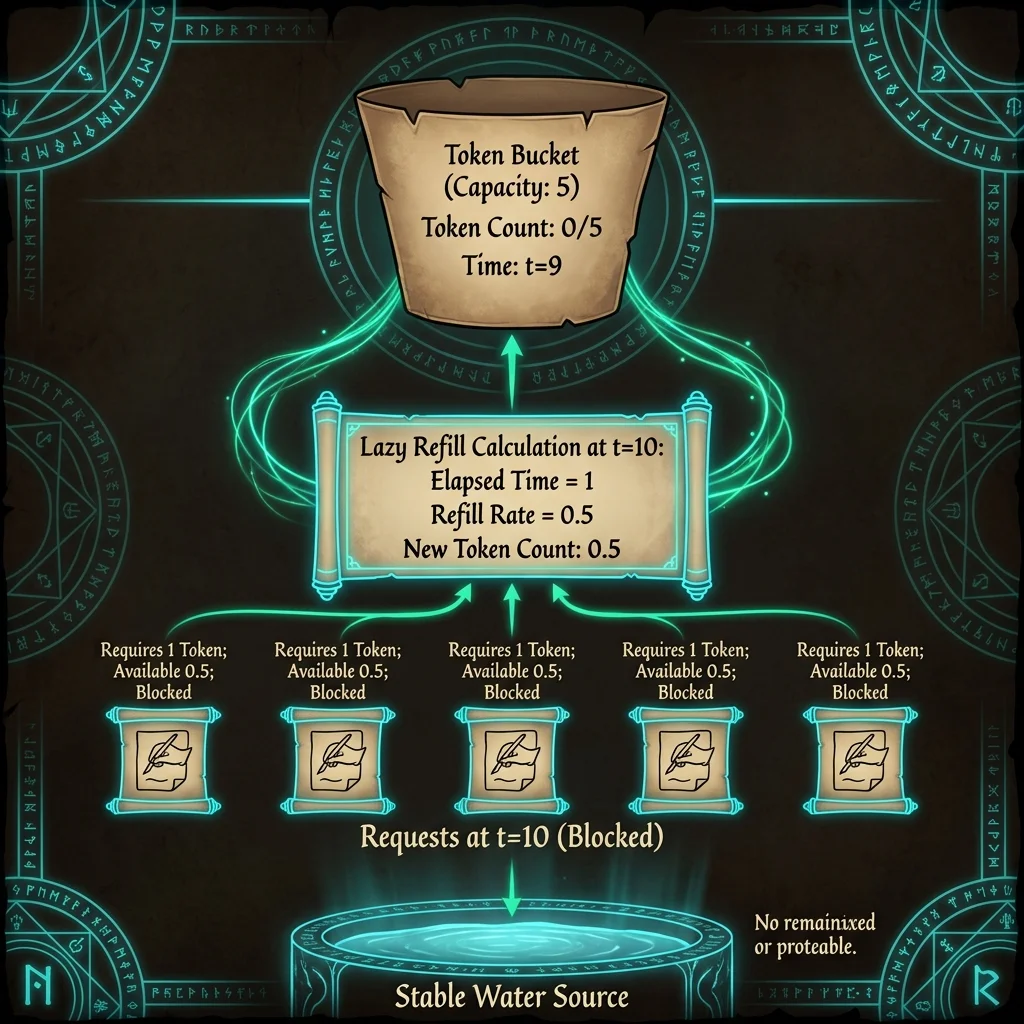 Infographic showing Token Bucket rate limiter preventing boundary bursts using lazy refill calculation and capacity capping