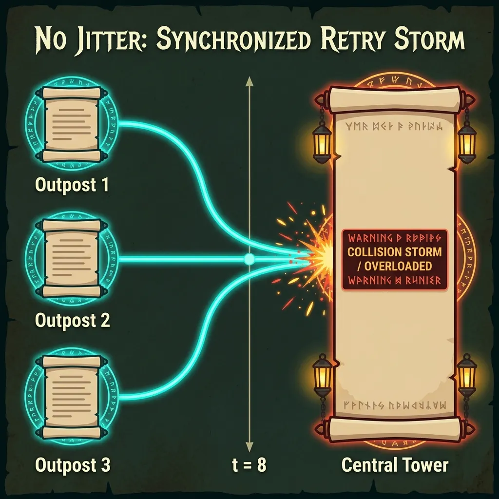 Infographic showing a ‘No Jitter’ retry storm in a dark fantasy style. Three outposts send retry signals at the exact same time (t=8) to the Central Tower. The signals collide simultaneously, creating a red and amber magic explosion of overload at the tower, illustrating how synchronized retries crash a system.