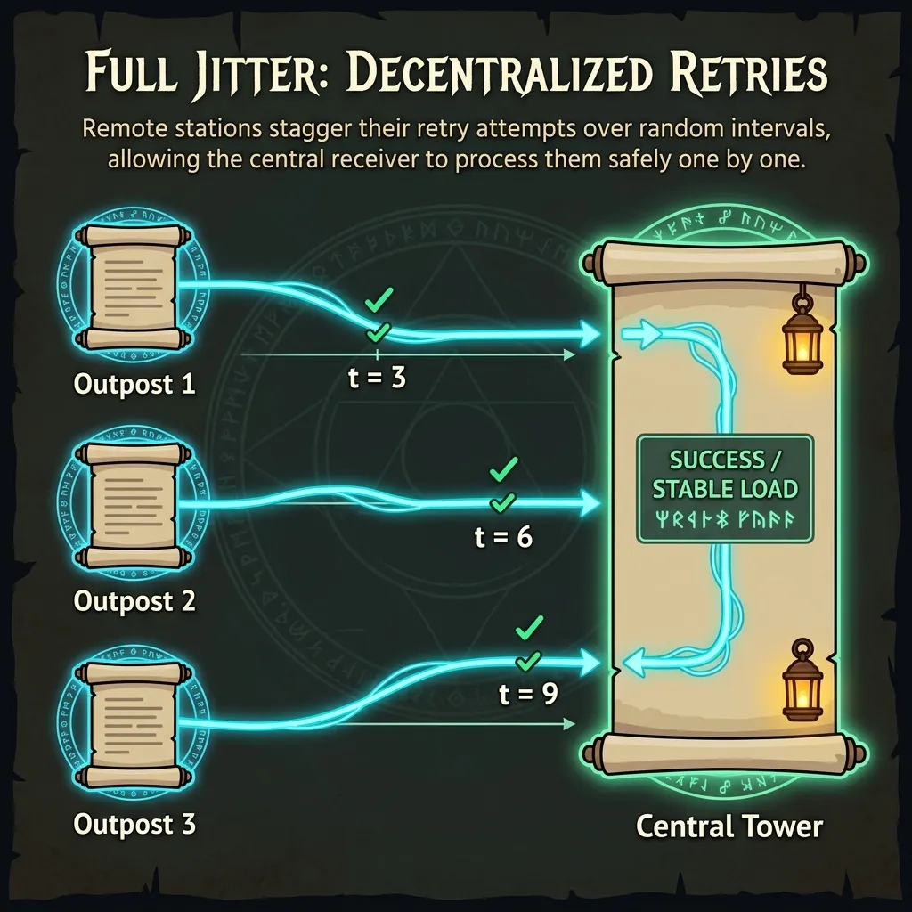 Infographic showing a ‘Full Jitter’ decentralized retry mechanism in a dark fantasy style. Three outposts stagger their retry signals at different times (t=3, t=6, and t=9) to the Central Tower. Each signal arrives separately and is safely processed with a green checkmark, illustrating how randomized delay prevents system overload.