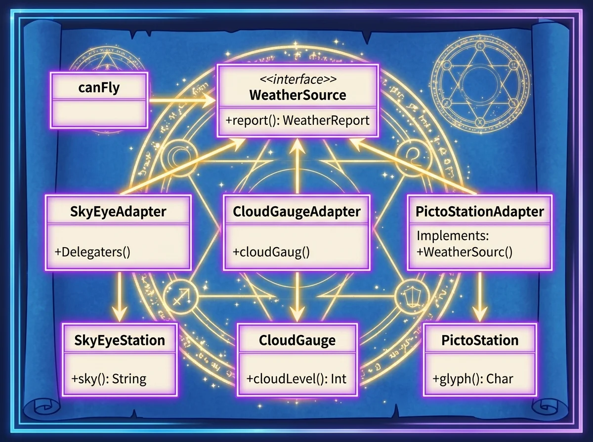 Adapter pattern diagram mapping WeatherSource interface and class relationships
