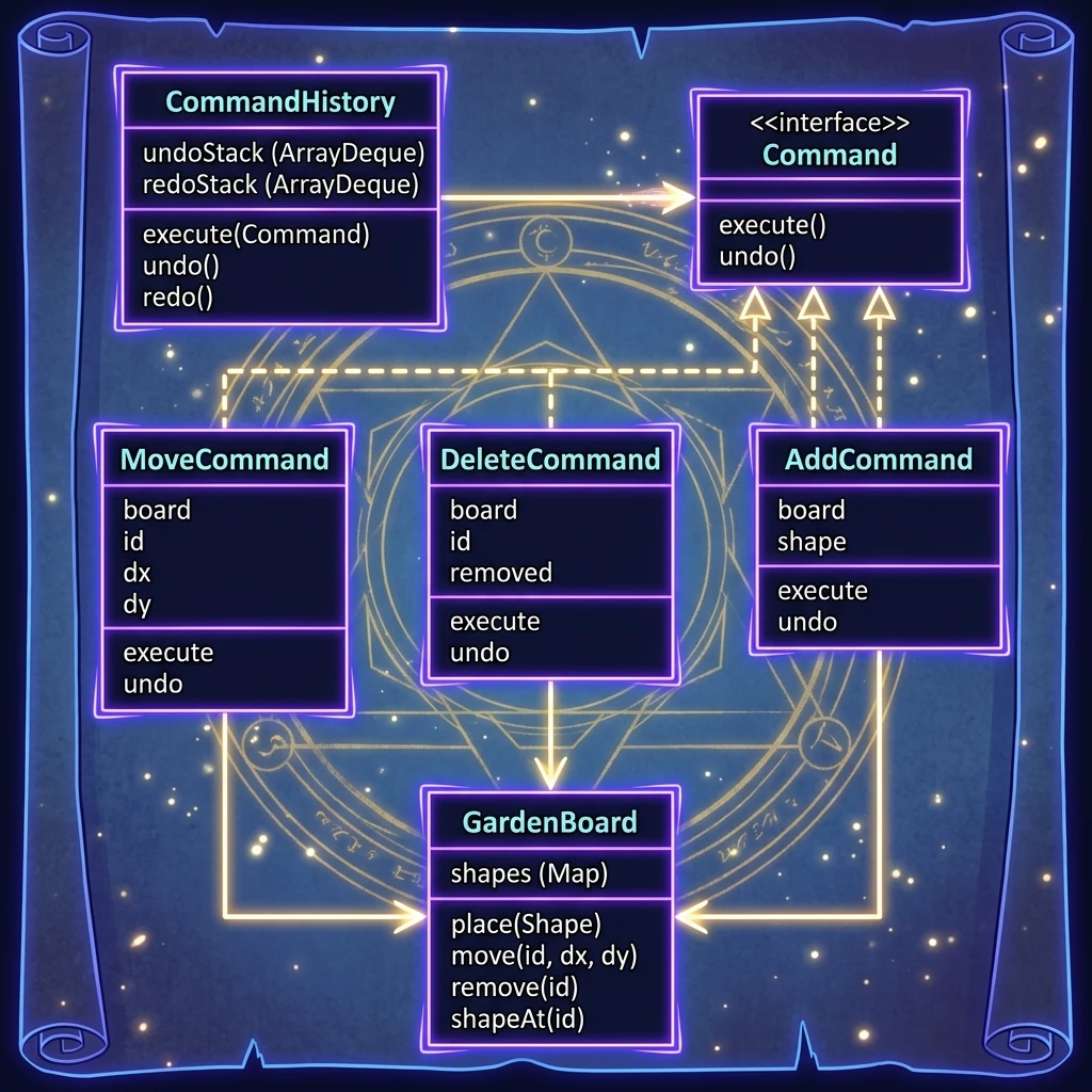 Commandパターンの構造設計図。CommandHistoryがCommandの履歴を管理し、MoveCommand、DeleteCommand、AddCommandがCommandインターフェースを実装してGardenBoardを操作する関係を示すクラス図